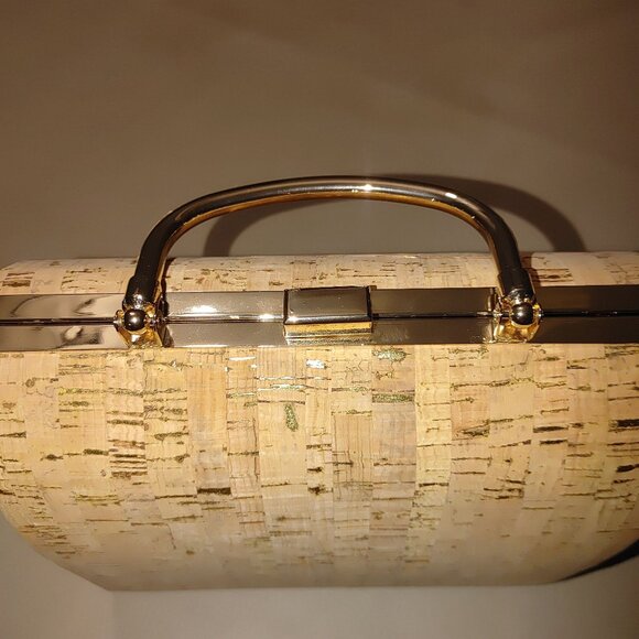 Crossbody Cork Gold Tone Hard Shell Handbag Purse Bag Case Chain Metal Handle - Picture 5 of 12